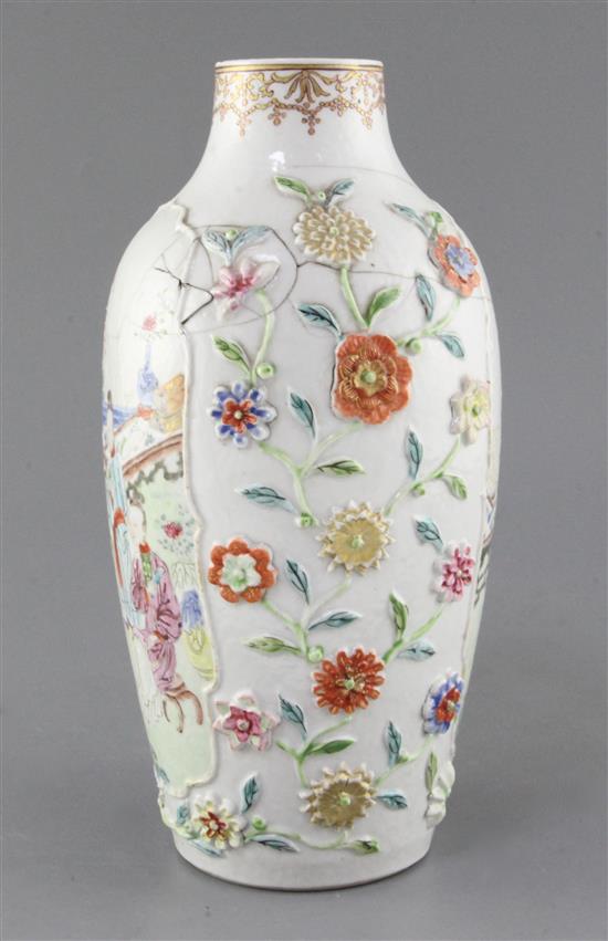 A Chinese flower applied famille rose vase, Qianlong period, 27.5cm, repaired